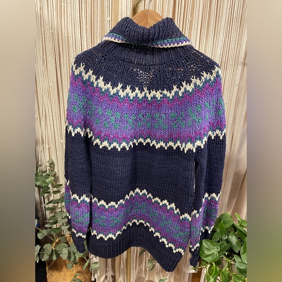 vintage hand-knit chunky wool cardigan sweater Fair Isle pattern blue teal - Picture 6 of 15